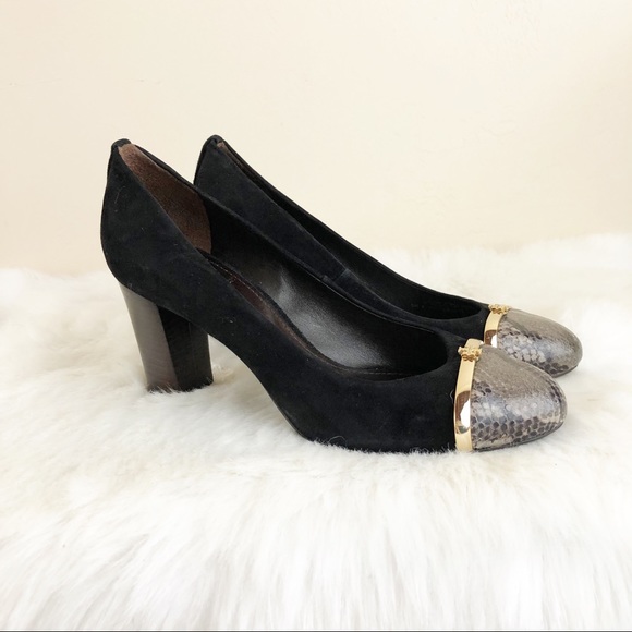 Tory Burch Black Suede Snake Cap Toe Pacey Pumps - Picture 2 of 8